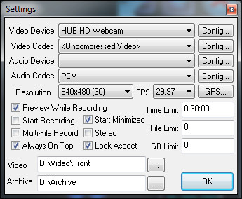Minicam webcam settings Windows 10 video capture
